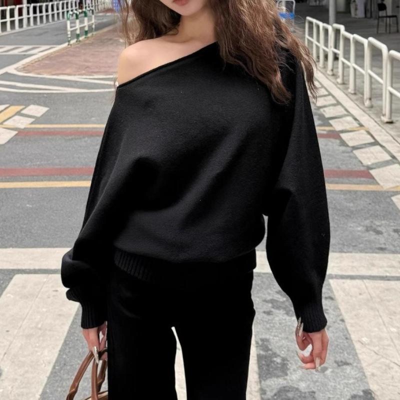 Pullover a maglia con maniche a pipistrello lunghe da donna 380g Spesso Scollo a barca Moda coreana Maglione Largo Casual Capo spalla per l'autunno Pull