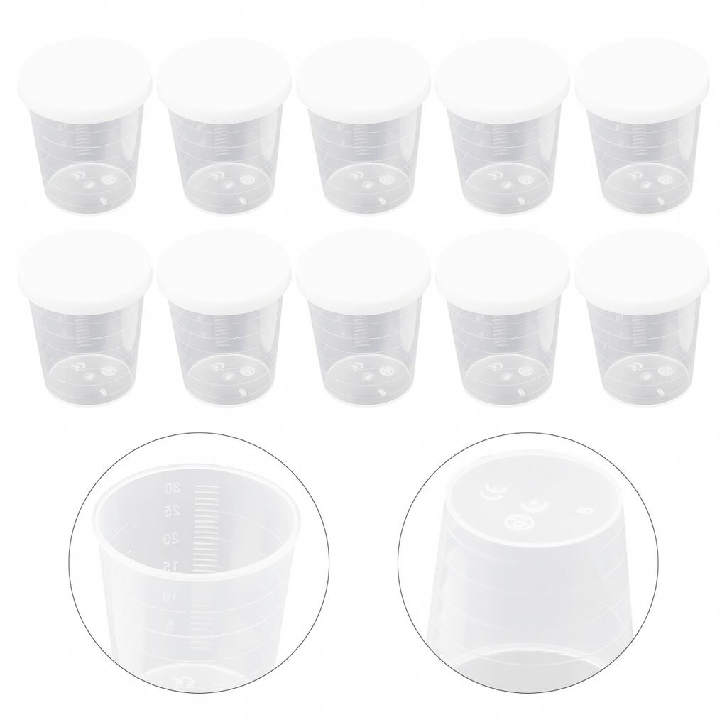 Clear Plastic Medicine Measuring Cups with White Lids Set of 10 (30ml)