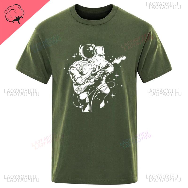 Summer High Quality Funny Astronaut Playing Guitar Casual Unique Loose Cool Men Oneck Streetwear Aesthetic Print Mens Tshirt