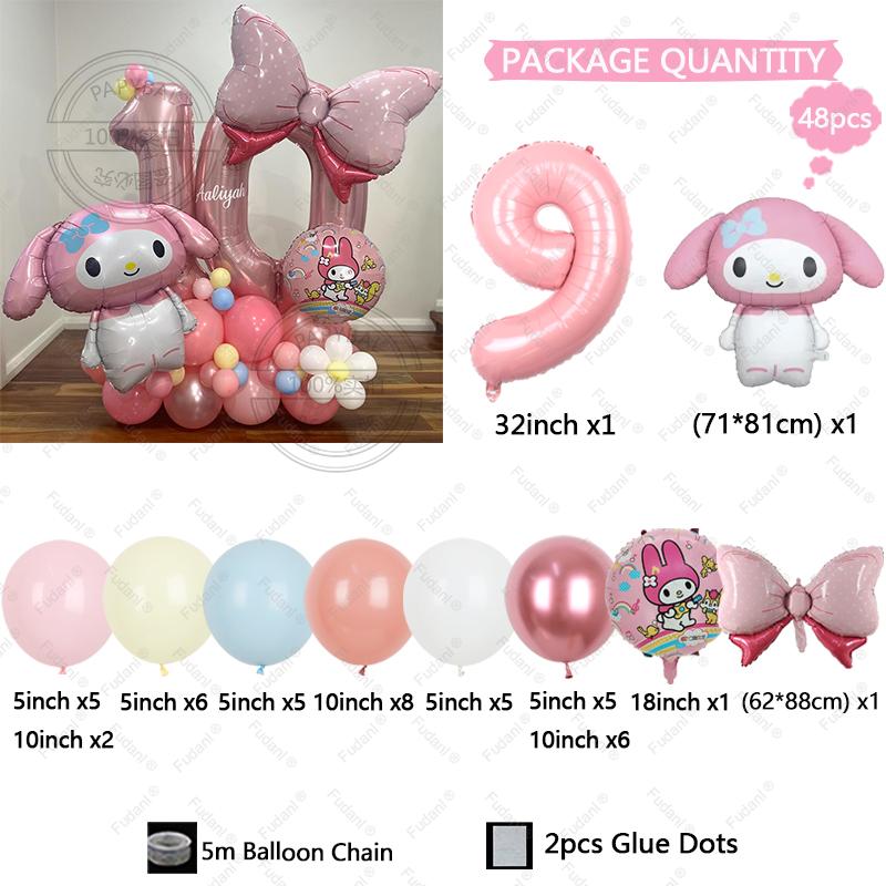 48pcs Cartoon Cute My Melody Bow Theme Foil Balloon 32 Inch Pink Number Set Children's 1-9th Birthday Party Decorative Toys