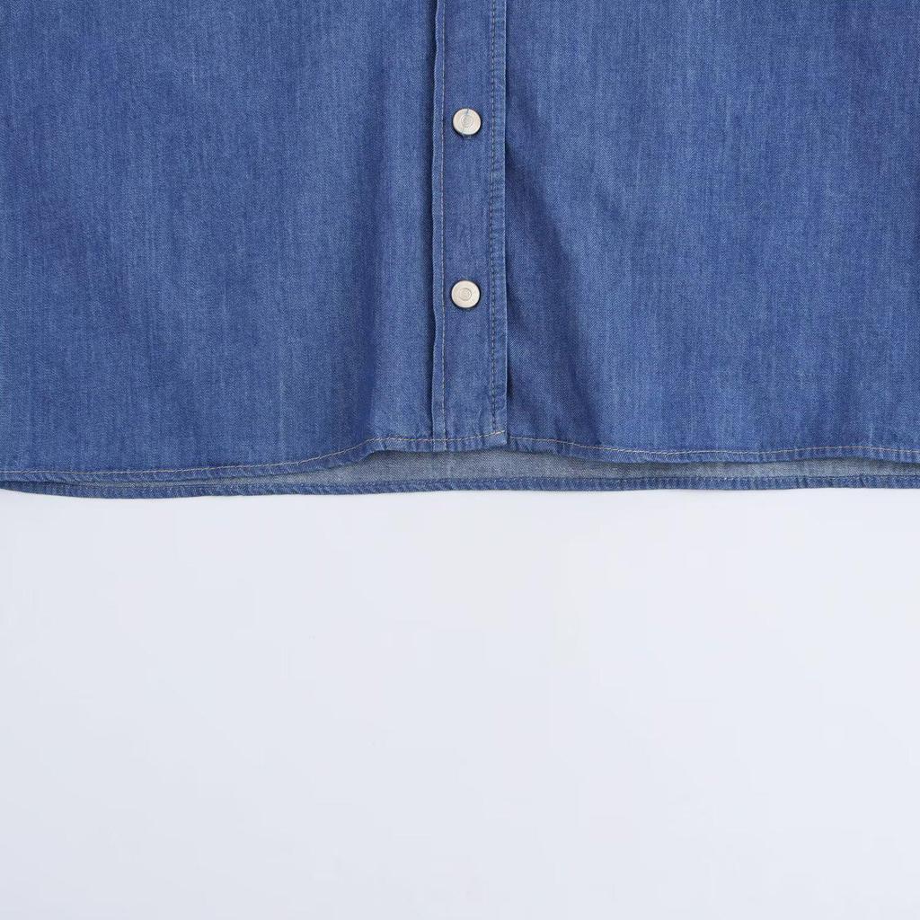 2025 Spring Women's Denim-Look Cotton Point Collar Long Sleeve Shirt (European/American Style)