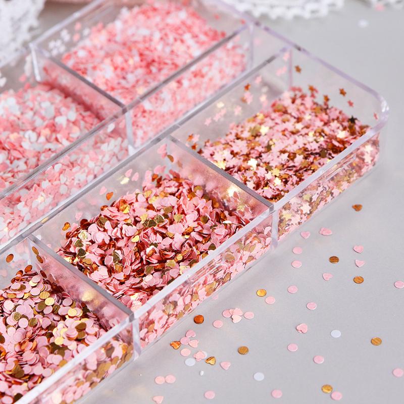 6 Grids Cute Heart Glitter Nail Sequins Kawaii Mini Golden Red Laser Love Round Nail Flake Korean Star Diy Nail Charm Supplies