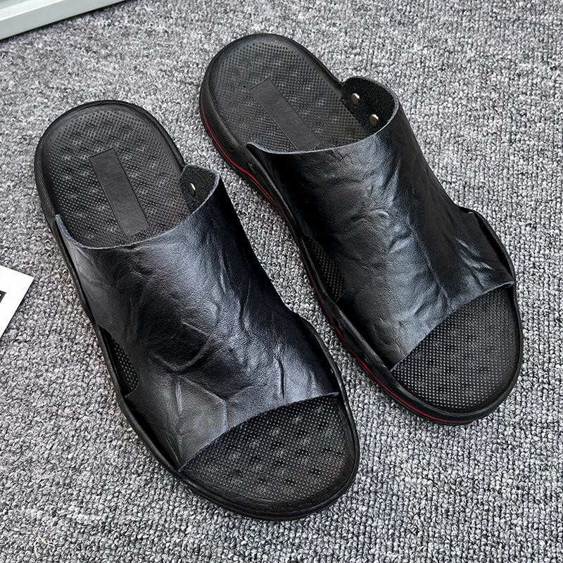 2025 summer new leather one-word cool slippers men wear breathable and odorless trend versatile sandals men's large size
