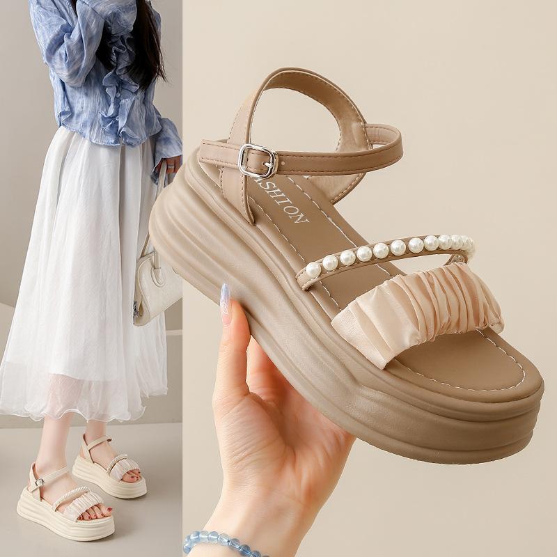 Thick Bottom Sandals Female Summer Fairy Pearl One Word Buckle Strap Beach Sandals Female Fashion Women Summer Shoes Breathable for Hot Weather
