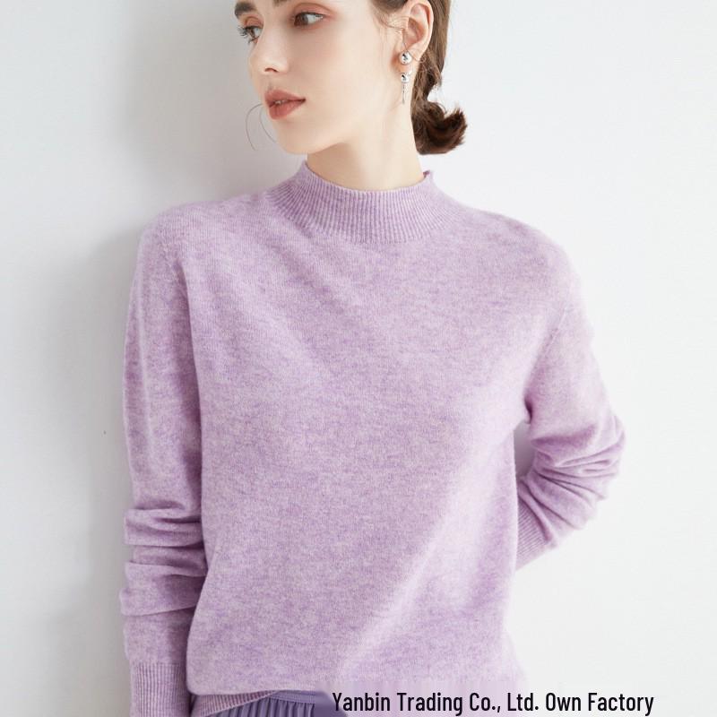 Women's Slim-Fit Autumn Sweater: Fashionable Half-High Neck, Versatile Pure Wool for Base Layer or Outerwear, Skin-Friendly