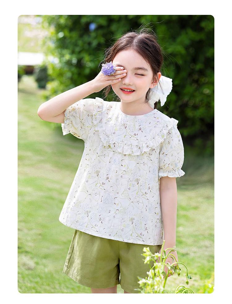 Girls' Summer New Set Cartoon Printed Short Sleeved T-shirt, Doll Shirt, Casual Shorts, Medium and Large Children's Thin Two-piece Set