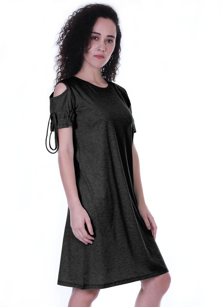 Moomaya Cold Shoulder T-shirt Dress Round Neck Casual Knee Length Summer Dresses For