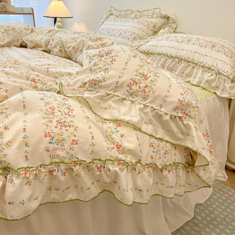 3/4Pc Korean Princess Style Floral Ruffles Bedding Set Single Queen Size Soft Skin-friendly Washed Cotton Duvet Cover Pillowcase