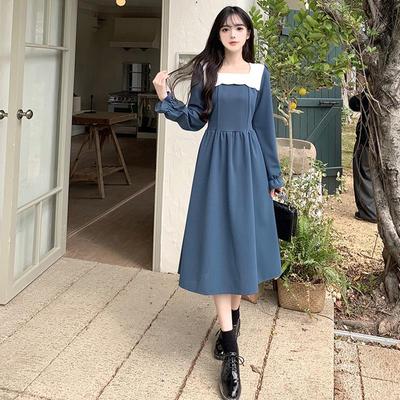 Women's 2024 Spring/Autumn French Style Square Collar Splicing Tea-Length Dress