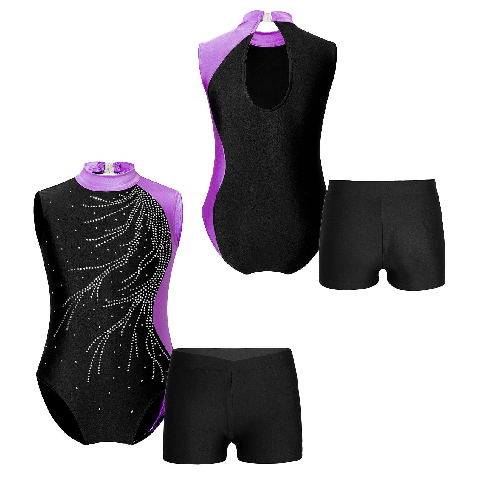 

2 шт. Діти, дівчата, без рукавів, блискучий декор зі стразами, гімнастичні трико, балетні танцювальні комбінезони з шортами 5-6 Years