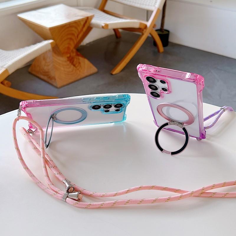 Gradient Case For Samsung Galaxy S25 Ultra S23 S22 S24 Plus 360 Ring Holder Magnetic Lanyard Four Corners Shockproof Strap Cover