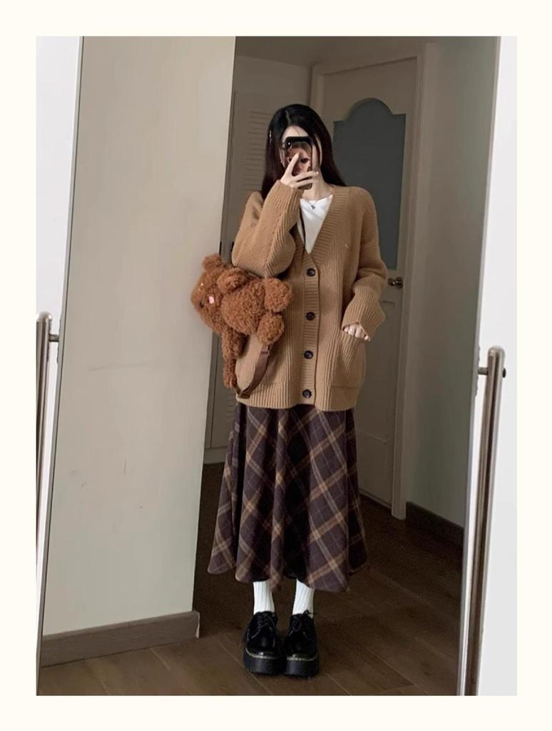 Women's Retro Plaid Three-Piece Set: Sweater Coat, T-Shirt, and A-Line Midi Skirt