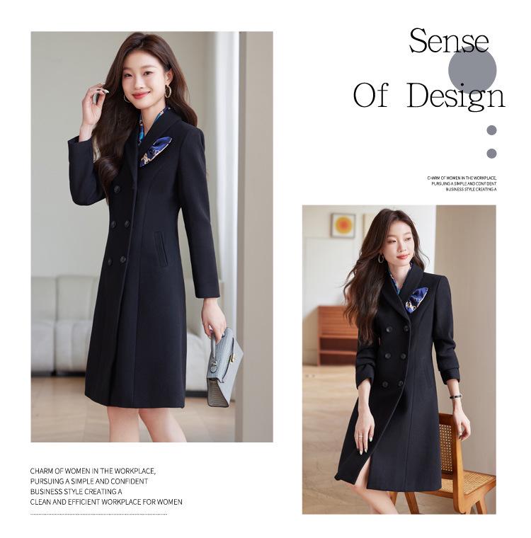 Women's Dark Blue Wool Tweed Long Coat - Chic Autumn/Winter Workwear