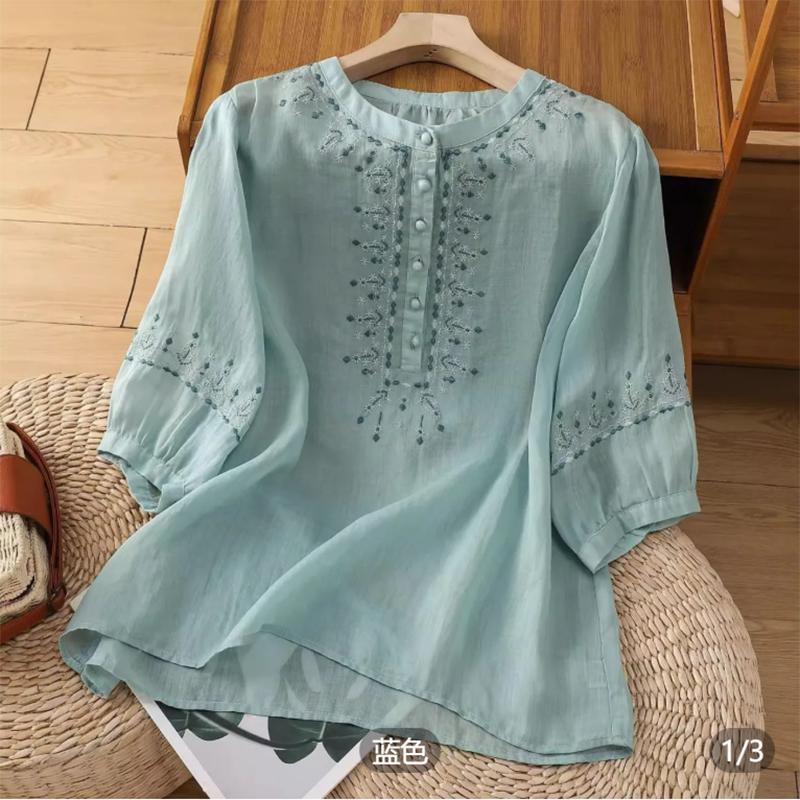 

Retro Embroidered Mom Shirt Women s Summer Thin Loose Slimming Five-Quarter Sleeve Round Neck Top Design Sensation 3XL синій