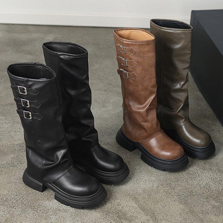 New Women's Boots High Quality Fashionable Round Toe Solid Color Buckle Mid-heeled Sleeve Women's High Boots