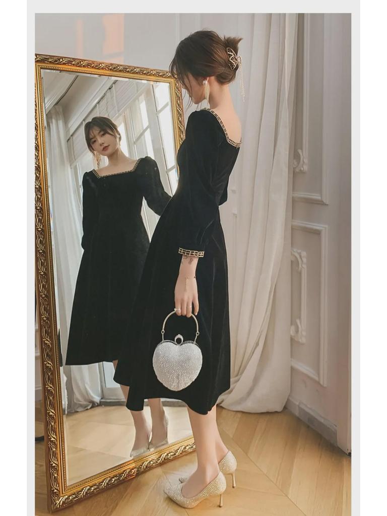 2022 Elegant Black Evening Dress for French Annual Meeting, Light Luxury Host Dress for Women