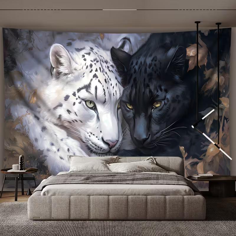 

2D Aesthetic Leopard Tapestry, Yin Yang Black Panther & White Leopard Wall Art for Room 47.2x31.5inch/120*80cm