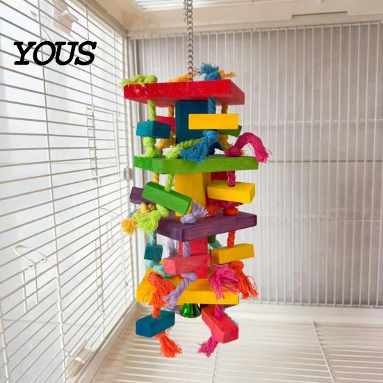Durable Parrot Toy Chewing for Macaws African Greys, Colorful Wooden Block Puzzle with Cotton Rope Bird Tassels, Hanging Interactive