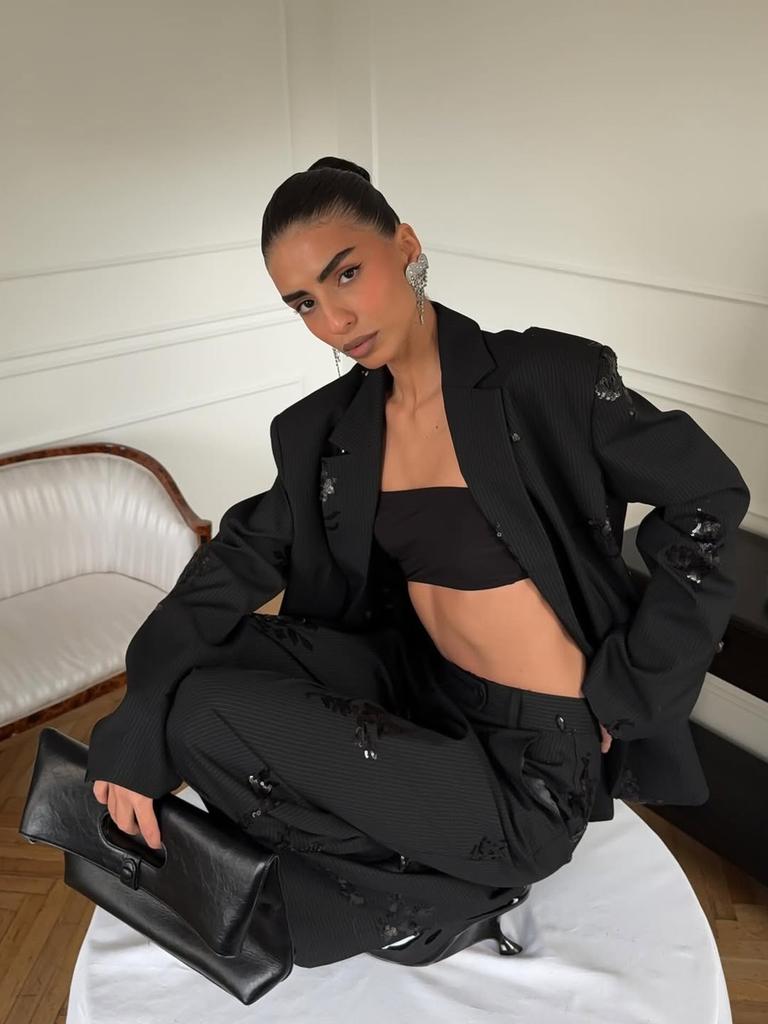 Dámský oblekový set s černou flitrovou výšivkou - Luxusní volné široké kalhoty Dvoudílný outfit