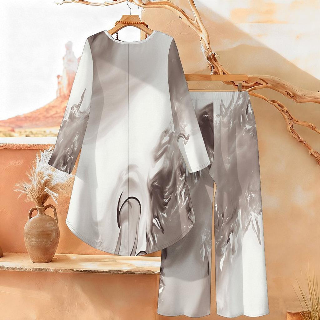 Marble Print Two Piece Outfit Women Long Sleeve Irregular Hem Tunic Top Wide Leg Pants Casual Matching Set