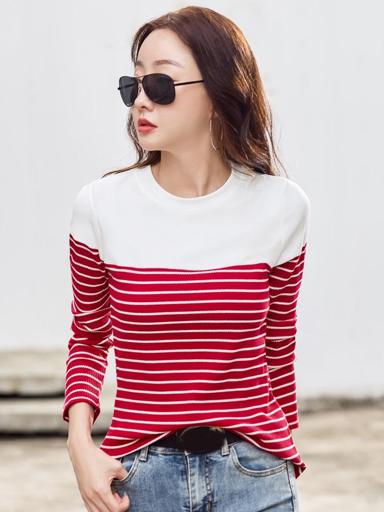 

Женская летняя футболка в полоску с длинным рукавом, корейская мода, круглый вырез, туники в стиле пэчворк, повседневные топы M красный