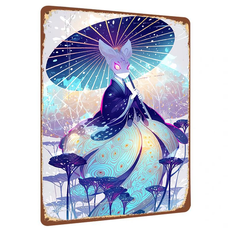 

Japanese Fox Spirit Umbrella Ancient Style Illustration Metal Iron Painting Living Room Wall Art Decor 20x30cm（7.8x11.8inch）