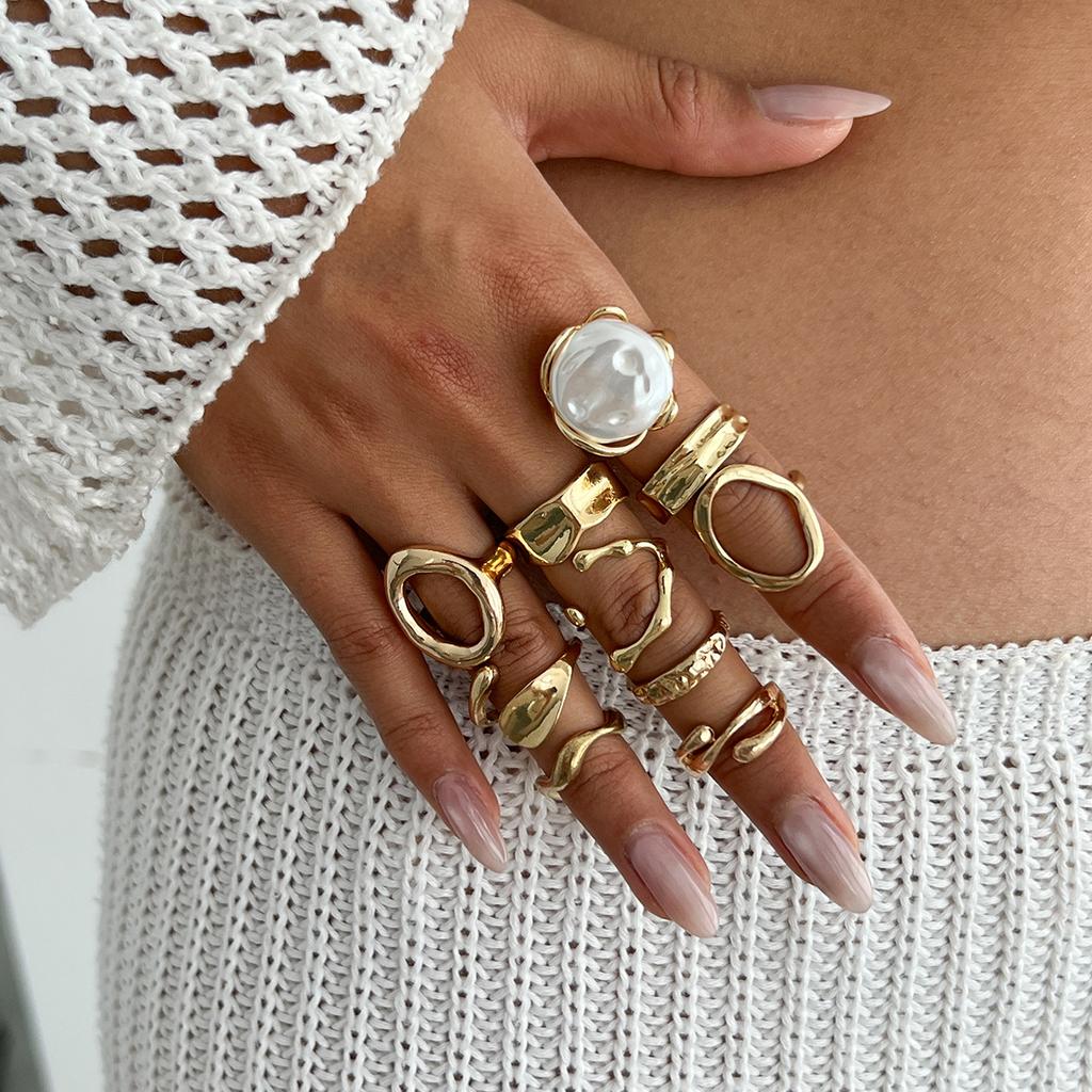 Baroque Pearl Hollow Open Rings Set for Women Punk Irregular Geometry 3/10Pcs/Set Adjustable Ring Hip Hop Knuckle Female Zircon
