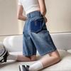 Damen Hohe Taille Gerades Bein Denim Bermuda Shorts Lockere Passform Lässig Colorblock Gewaschen Knielang Jeansshorts