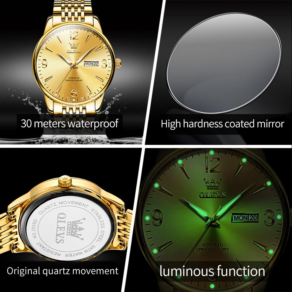 OLEVS 2928 Classic Simple Men's Watch Auto Date Dual Calendar Luminous Waterproof Steel Strap Business Quartz Wristwatch for Man