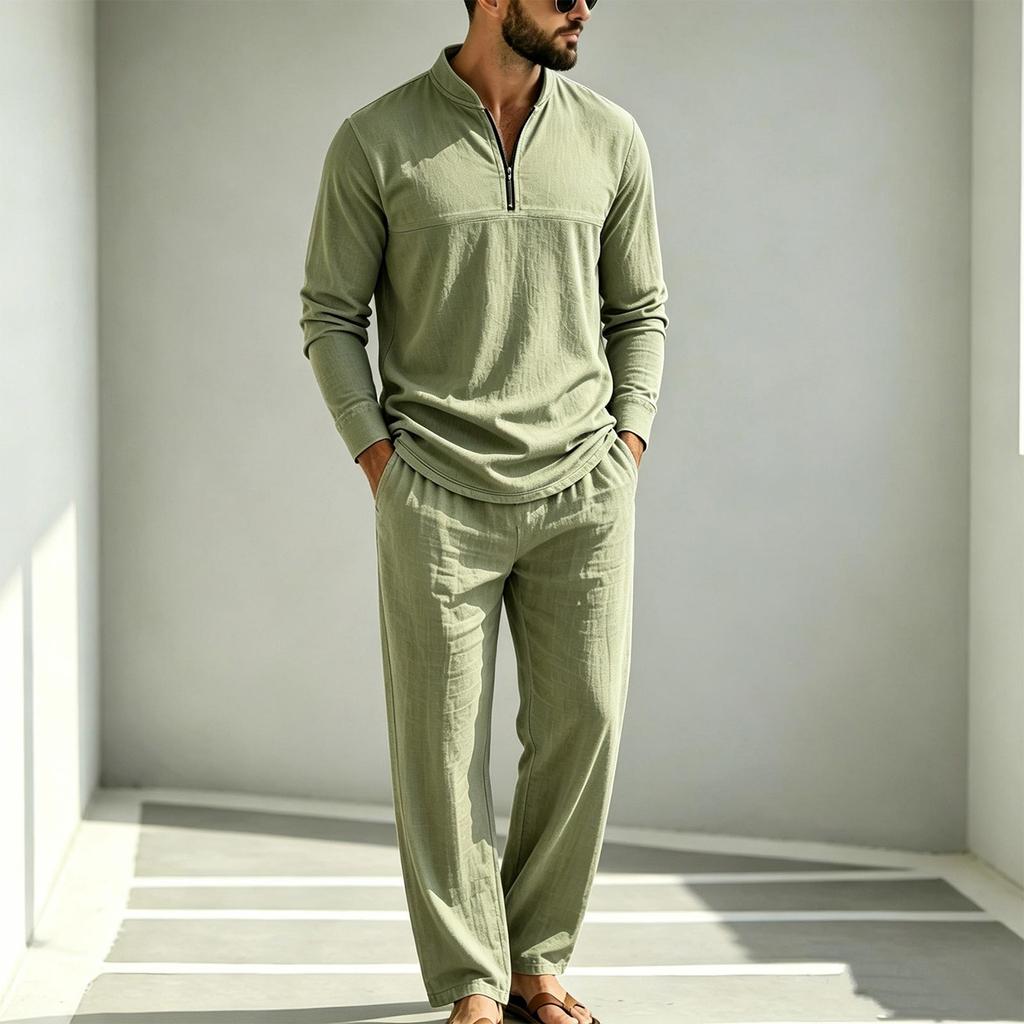 Men's Linen Two Piece Set Long Sleeve Shirt and Pants Casual Loose Fit Outfit