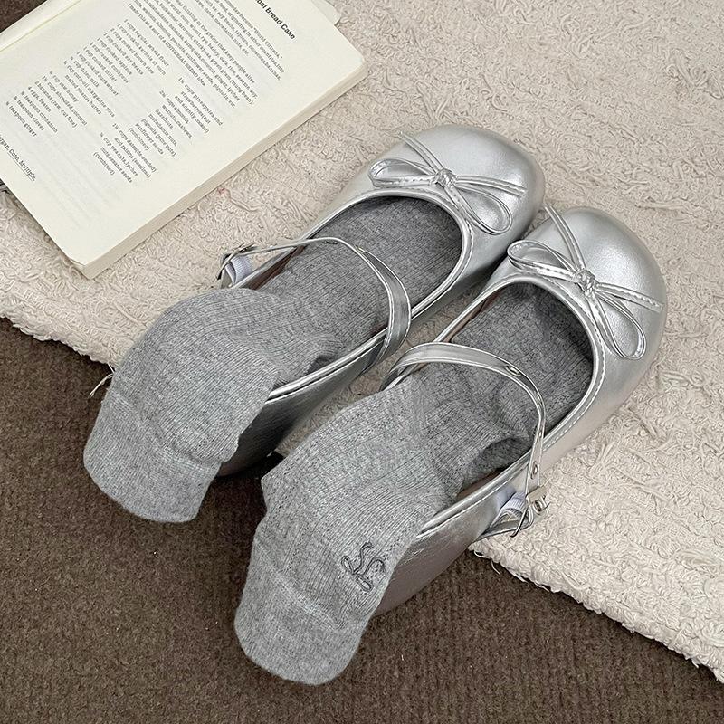 Shallow mouth flat-soled single shoes women's white round head bow Mary Jane shoes