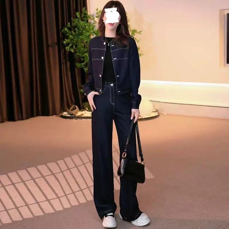 Spring 2025 Women's Slimming Denim Suit: Stylish Short Jacket & Wide-Leg Pants Set