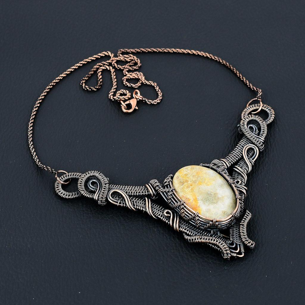 Fossil Coral Gemstone Pure Copper Wire Wrapped Handmade Necklace Jewelry For Gift