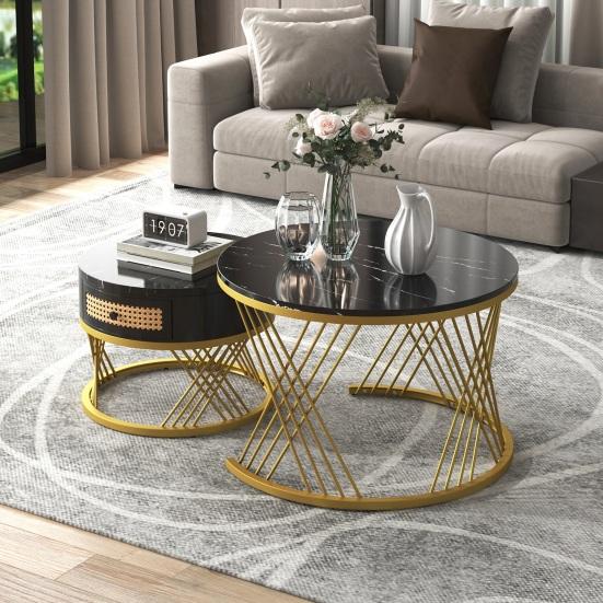 End Table 2 In 1 Round Coffee Made of MDF Side with A Marble Tabletop and Plastic Rattan Sofa Drawers Solid Wood Handles Gold-Colored Iron Legs. 70