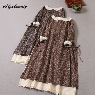 Abito giapponese Mori Girl primavera autunno donna cotone lino colletto Peter Pan stampa floreale abito retrò ricamo scava fuori elegante abito vintage