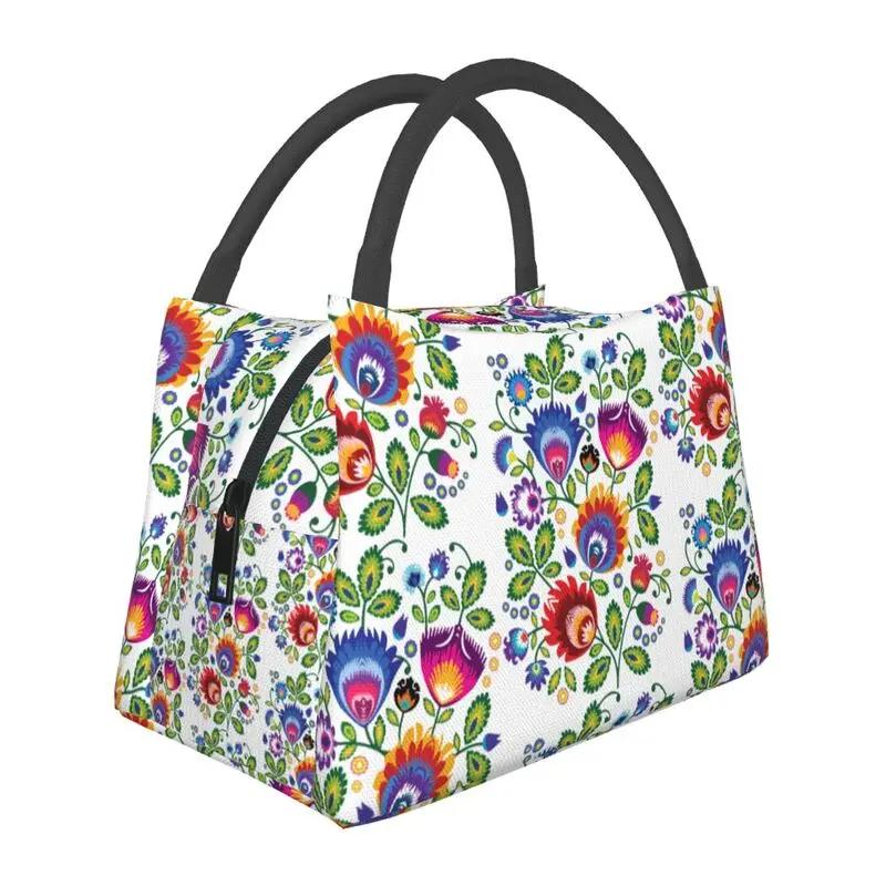 Polish Folk Flowers And Roosters Lunch Box for Women Waterproof Poland Floral Art Cooler Thermal Food Insulated Lunch Bag