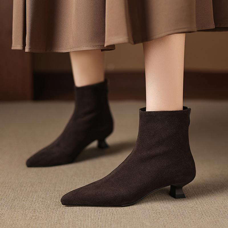 Krazing Pot Cow Suede Nubuck Winter Pointed Toe Preppy Style Stiletto Thin Med Heels Women Zip Women Ankle Boots