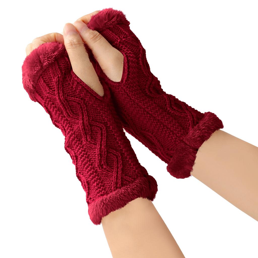 Women's Winter Warm Wool Gloves, Fingerless Diamond Knit Short Gloves