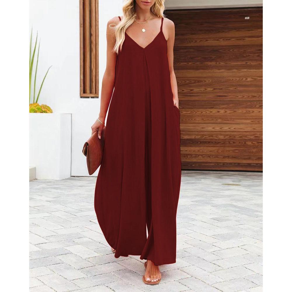 Sling Wide-leg Pants Women's Summer Solid Color Pocket Casual Jumpsuit