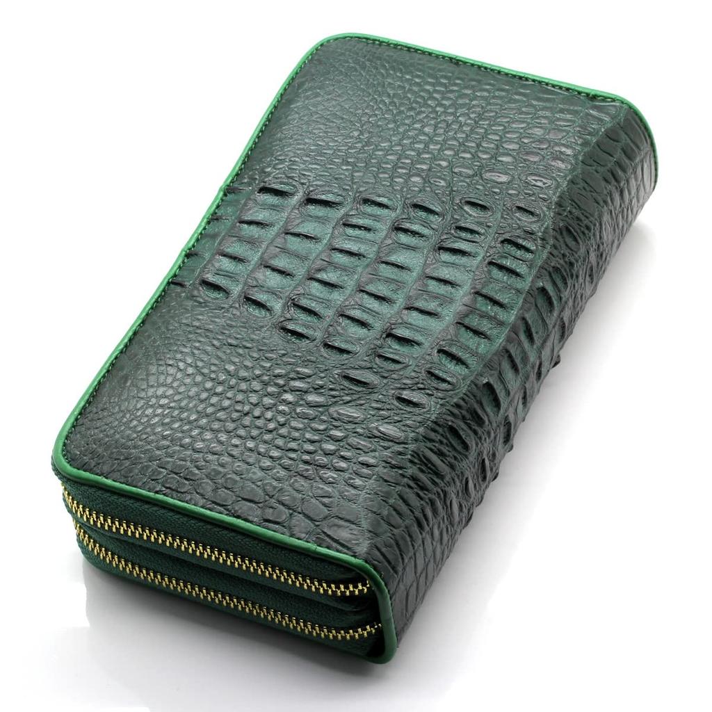 [Revetta] Crocodile Leather Long Wallet, Large Capacity, 40 Card Slots, Men's Wallet, Green, Double Round Zipper, Genuine Leather, Single Piece Leathe