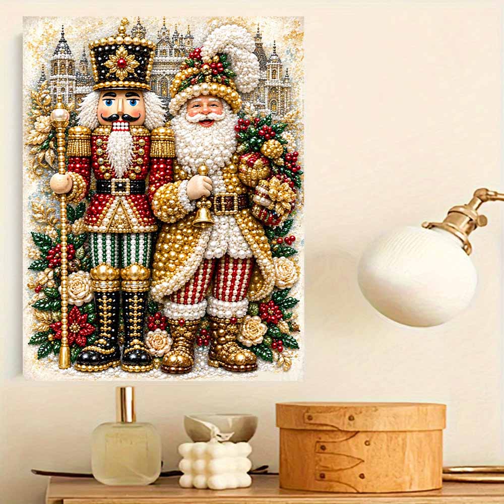 Nutcracker and Santa Pearl Painting with Frame 3D Sparkling Canvas Art Relaxing Craft for Bedroom Wall Decor Festive Holiday Home Gift