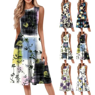 Vestido Midi Casual Feminino Estampado Floral Gola Redonda Sem Mangas Cor Sólida