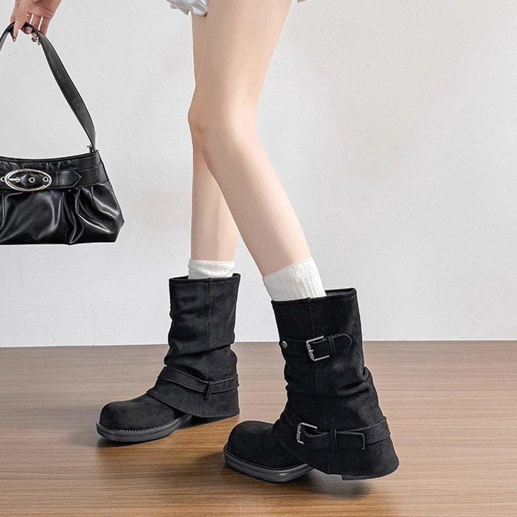 Thick-soled Western Cowboy Pleated Piled Boots Women's Autumn and Winter Retro Knight Thick Heel Trousers Short Boots Women