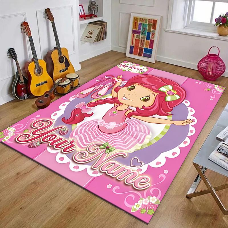 Princess Strawberry Design Area Rug Personalized Name- Non-Slip, Soft & Cozy Floor Mat for Living Room, Office - Indoor/Outdoor Carpet
