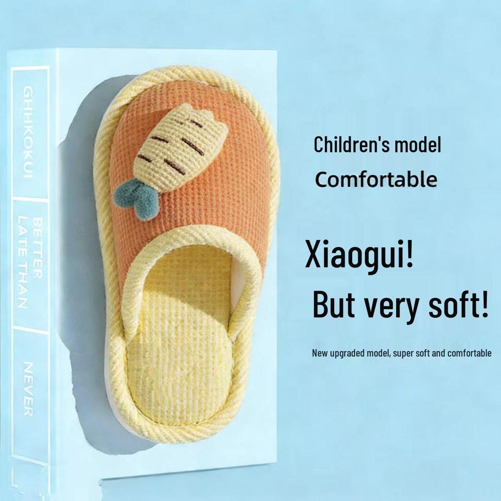 Kids' Radish Rabbit Non-Slip Slippers - Silent Cartoon, Breathable, Linen, Autumn Winter Indoor Shoes for Girls & Parent-Child Matching