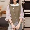 ZANZEA Women Lace Splice Doll Collar Casual Floral Print Half Sleeve Blouse