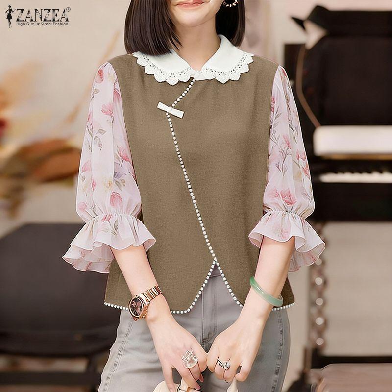ZANZEA Women Lace Splice Doll Collar Casual Floral Print Half Sleeve Blouse