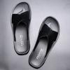Men Black Leather Slippers Simple Flats Summer Brown Outdoor Roman Sandals Outdoor Beach Shoes for Father Over Sized