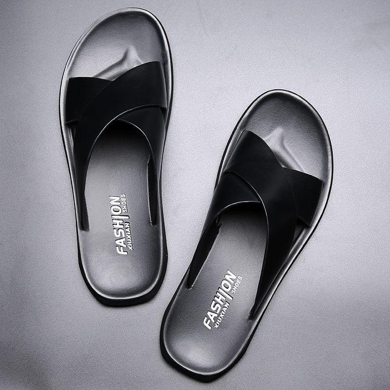Men Black Leather Slippers Simple Flats Summer Brown Outdoor Roman Sandals Outdoor Beach Shoes for Father Over Sized