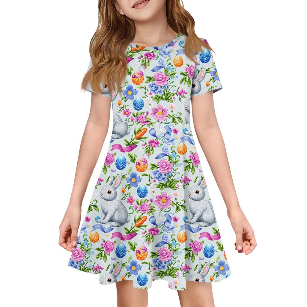 Girl Summer Dress Color & Print Short Sleeve Dress With Pocket Casual Dress Shorts Sleeve Party Dress Easter Day